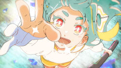 Rule 34 | 1girl, bright pupils, colored eyelashes, dokaiasuka, foreshortening, green hair, highres, holding, long hair, long sleeves, looking at viewer, lower teeth only, open mouth, original, reaching, reaching towards viewer, red eyes, shirt, shorts, solo, sparkle, teeth, white pupils, white shirt, yellow shorts