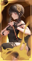 Rule 34 | 1girl, artificial flower, bad id, bad pixiv id, black dress, black hair, black thighhighs, blood, bloody weapon, border, breasts, character name, cleavage, dress, dual wielding, earrings, feet out of frame, fire, flower, hair flower, hair ornament, hairband, highres, holding, holding weapon, jewelry, leg up, looking at viewer, medium breasts, parted lips, red eyes, resolution mismatch, short hair with long locks, sidelocks, sleeveless, sleeveless dress, solo, source larger, spy x family, standing, standing on one leg, thighhighs, uosaasou, weapon, yellow hairband, yor briar