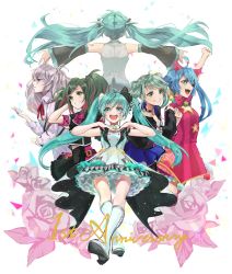 Rule 34 | + +, 25-ji miku, 25-ji nightcord de. (project sekai), 6+girls, absurdres, animal ears, anniversary, aqua hair, aqua nails, arm up, bare shoulders, black choker, black sleeves, blue hair, blue skirt, boots, bossan 3310, bow, bowtie, brooch, buttons, cat ears, chest cutout, chest harness, choker, clenched hands, clothing cutout, crossed ankles, detached collar, detached sleeves, double-breasted, drawstring, dress, earrings, expressionless, fangs, fingernails, floating hair, flower, from behind, gold trim, green eyes, green hair, grey hair, grey shirt, hair ribbon, hair rings, half-closed eyes, hand on own head, hands on own chest, harness, hatsune miku, highres, jewelry, knee boots, leaf, leo/need (project sekai), leo/need miku, light blue hair, lineup, long hair, more more jump! (project sekai), more more jump! miku, multicolored hair, multiple girls, multiple persona, nail polish, nape, neck ribbon, o-ring, o-ring choker, outstretched arms, outstretched hand, oversized flower, paperclip hair ornament, pink flower, pink hair, pink ribbon, pink rose, plaid, pom pom (clothes), profile, project sekai, red bow, red bowtie, red dress, red ribbon, ribbon, rose, shirt, short dress, short sleeves, silver trim, simple background, skirt, sleeveless, sleeveless shirt, smirk, spread arms, star (symbol), star brooch, star cutout, star earrings, stomach cutout, streaked hair, striped clothes, striped dress, triangle, twintails, vertical-striped clothes, vertical-striped dress, very long hair, vivid bad squad (project sekai), vivid bad squad miku, vocaloid, white background, white dress, white footwear, white ribbon, wide sleeves, wing collar, wonderlands x showtime (project sekai), wonderlands x showtime miku
