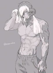 Rule 34 | 1boy, abs, arm up, artist name, au ra, belt chain, blue eyes, commentary request, cowboy shot, fang, final fantasy, final fantasy xiv, food, food in mouth, grey background, highres, holding, holding towel, horns, karuo (oooruka cr), looking at viewer, low horns, male focus, mouth hold, multicolored hair, pants, popsicle, popsicle in mouth, scar, scar on arm, scar on chest, scar on shoulder, scar on stomach, short hair, simple background, spot color, standing, sweat, sweatpants, tail, toned, toned male, topless male, towel, towel around neck, twitter username, two-tone hair, warrior of light (ff14)