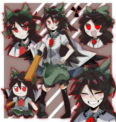 1girl :d arm_cannon black_footwear black_hair black_socks black_wings blush bow cape chinese_commentary closed_eyes closed_mouth commentary_request control_rod_(touhou) feathered_wings frilled_shirt frills full_body fumo_(doll) green_bow green_skirt grin hair_between_eyes hair_bow highres long_hair looking_at_viewer multiple_views open_mouth radiation_symbol red_eyes reiuji_utsuho shiri_fusang shirt shoes single_shoe skirt smile socks touhou upper_body weapon white_cape white_shirt wings