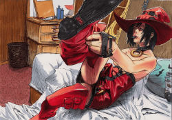 Rule 34 | 1girl, arc system works, bed, belt, boots, collar, dressing, gloves, guilty gear, guilty gear xx, guitar, hat, i-no, instrument, ishiwatari daisuke, mouth hold, official art, red hat, short hair, solo, thigh boots, thighhighs, topless, witch, witch hat
