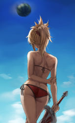 Rule 34 | 1girl, arms behind back, ass, bikini, blonde hair, blue sky, butt crack, cloud, day, fate/apocrypha, fate (series), food, from behind, fruit, halterneck, hand on own arm, highres, holding, holding sword, holding weapon, mordred (fate), mordred (fate/apocrypha), mordred (swimsuit rider) (first ascension) (fate), outdoors, ponytail, red bikini, short hair, side-tie bikini bottom, sky, solo, string bikini, suikawari, swimsuit, sword, tonee, watermelon, weapon