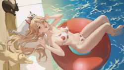 Rule 34 | 1girl, absurdres, alternate breast size, barefoot, bikini, blonde hair, cat, chainsaw, chainsaw man, dingding (chongsangjun), highres, horns, in water, innertube, long hair, looking at viewer, meowy (chainsaw man), midriff, navel, open mouth, power (chainsaw man), swim ring, swimsuit, teeth, yellow eyes