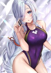 Rule 34 | 1girl, absurdres, bare arms, blue eyes, blush, breasts, competition swimsuit, covered navel, genshin impact, hair between eyes, hair over one eye, highres, holding, large breasts, long hair, nori chazuke, one-piece swimsuit, open mouth, purple one-piece swimsuit, shenhe (genshin impact), signature, silver hair, solo, swimsuit, very long hair