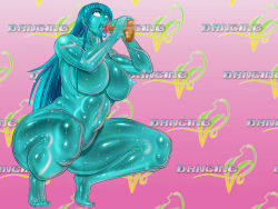 Rule 34 | 1boy, 1girl, alpha-152, barefoot, blank eyes, blue hair, blue theme, breasts, censored, circle max, dancing v, dead or alive, feet, hetero, huge breasts, large breasts, long hair, monster girl, nipples, nude, penis, pointy ears, see-through, slime girl, squatting, tecmo, thick thighs, thighs, toes, transparent