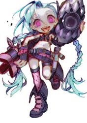 Rule 34 | 1girl, belt, blue hair, boots, braid, chibi, gloves, highres, horikwawataru, jinx (league of legends), league of legends, pink eyes, simple background, single thighhigh, solo, tattoo, thighhighs, twin braids, weapon