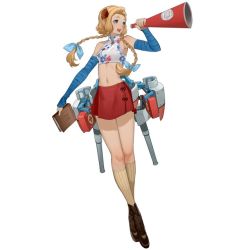 Rule 34 | bandages, bandaged arm, bandages, blonde hair, blue eyes, blue ribbon, book, braid, cannon, cheerleader, first aid kit, full body, long hair, machinery, official art, red skirt, ribbon, salmon88, simple background, skirt, solo, twin braids, uss stewart (dd-224), victory belles, white background
