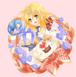 Rule 34 | 1girl, 3boys, arc system works, asymmetrical wings, bad id, bad pixiv id, birthday, blonde hair, cake, chibi, crown, dizzy (guilty gear), fingerless gloves, flower, food, gift, gloves, green eyes, guilty gear, guilty gear 2, highres, kito shinohara, ky kiske, multiple boys, pastry, ribbon, sin kiske, sol badguy, tail, tail ornament, tail ribbon, wings