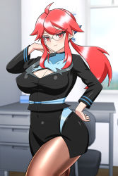 Rule 34 | 1girl, black jacket, breasts, brown pantyhose, business suit, cleavage, cleavage cutout, clothing cutout, creatures (company), formal, game freak, glasses, highres, jacket, lorelei (pokemon), nintendo, pantyhose, pokemon, pokemon lgpe, ponytail, red eyes, red hair, sidelocks, sleeves past wrists, solo, suit, turtleneck, yensh