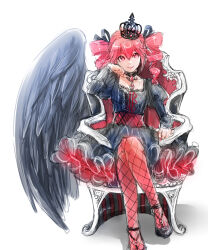 Rule 34 | 1girl, alternate costume, black dress, black ribbon, black wings, choker, closed mouth, commentary request, crown, dress, drill hair, feathered wings, fishnet pantyhose, fishnets, flat chest, gothic lolita, hair ribbon, highres, kasane teto, lolita fashion, long sleeves, nazuki, on chair, pantyhose, puffy sleeves, red eyes, red hair, red pantyhose, ribbon, short dress, single wing, sitting, smile, solo, twin drills, utau, wings