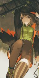 Rule 34 | 1girl, arknights, arm up, asymmetrical legwear, black jacket, brown eyes, brown hair, brown thighhighs, closed mouth, commentary, expressionless, glasses, green shirt, high-waist shorts, highres, infection monitor (arknights), jacket, kensei (v2), long sleeves, looking at viewer, lying, medium hair, mismatched legwear, nail polish, on back, orange jacket, orange nails, plant, shirt, shirt tucked in, shorts, silence (arknights), solo, striped clothes, striped thighhighs, suspender shorts, suspenders, symbol-only commentary, thighhighs, two-sided fabric, two-sided jacket, unworn eyewear, vertical-striped clothes, vertical-striped thighhighs