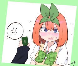 Rule 34 | 2girls, anger vein, blue eyes, blush, bow, breasts, cellphone, collared shirt, eyebrows hidden by hair, flying sweatdrops, go-toubun no hanayome, green background, green bow, green ribbon, hair between eyes, hair ribbon, holding, holding phone, kujou karasuma, long sleeves, medium breasts, multiple girls, nakano yotsuba, open mouth, orange hair, out of frame, phone, ribbon, shirt, signature, sleeves past wrists, spoken anger vein, sweater vest, two-tone background, upper body, wavy mouth, white background, white shirt