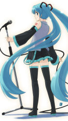 Rule 34 | 1girl, aqua hair, full body, hatsune miku, long hair, microphone, microphone stand, nagian, solo, standing, thighhighs, twintails, very long hair, vocaloid