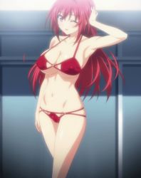 Rule 34 | 1girl, armpits, bikini, breasts, cleavage, demon girl, covered erect nipples, female focus, large breasts, long hair, looking at viewer, matching hair/eyes, naruse mio, navel, red bikini, red eyes, red hair, screencap, shinmai maou no testament, solo, standing, swimsuit, underboob, wink