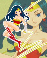 Rule 34 | 1girl, amazon warrior, bare shoulders, black hair, blue eyes, boots, breasts, cleavage, dc comics, earrings, female focus, jewelry, kikisuke t, lasso, lasso of truth, leotard, long hair, red footwear, shoes, solo, strapless, tiara, wonder woman, wonder woman (series), wristband, zoom layer