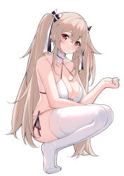 Rule 34 | 1girl, absurdres, anchorage (azur lane), anchorage (dolphins and swim lessons) (azur lane), azur lane, bare shoulders, bikini, blush, breasts, catnnn, hair between eyes, hair ribbon, highres, large breasts, light brown hair, long hair, looking at viewer, official alternate costume, ribbon, swimsuit, thighhighs, thighs, tiptoes, twintails, very long hair, white background, white bikini, white thighhighs