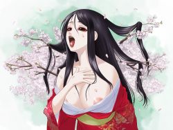 Rule 34 | 1girl, areola slip, bad id, bad pixiv id, bare shoulders, black hair, breasts, cherry blossoms, janome gochou, japanese clothes, kimono, large breasts, long hair, off shoulder, original, petals, solo, tongue