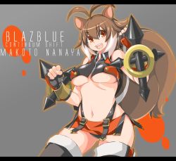 Rule 34 | 1girl, :d, animal ears, arc system works, black thighhighs, blazblue, blazblue: continuum shift, breasts, brown hair, character name, colored tips, copyright name, dual wielding, female focus, fingerless gloves, gloves, happy, holding, large breasts, makoto nanaya, midriff, multicolored hair, navel, omega.ep, open mouth, orange eyes, orange skirt, revealing clothes, short hair, skirt, smile, solo, squirrel ears, squirrel tail, tail, thighhighs, tonfa, two-tone hair, underboob, weapon, white hair