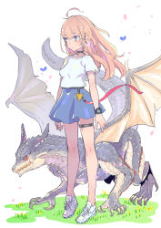 Rule 34 | 1girl, ahoge, blonde hair, blue eyes, blue skirt, bug, butterfly, collar, dragon, full body, grass, high-waist skirt, highres, insect, looking to the side, nike (company), original, shirt, shoes, short sleeves, skirt, sneakers, solo, standing, tajima ryuushi, thigh strap, watch, white shirt, wristwatch, wyvern
