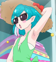 Rule 34 | 1girl, :o, arm behind head, armpits, bare shoulders, blue hair, blush stickers, breasts, cleavage, collarbone, eyes visible through eyewear, fairy, hagoromo lala, haruyama kazunori, hat, off shoulder, open mouth, pointy ears, precure, short hair, small breasts, solo, star-shaped pupils, star (symbol), star twinkle precure, straw hat, sunglasses, symbol-shaped pupils, upper body
