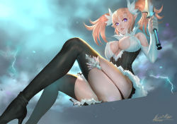 Rule 34 | 1girl, ariverkao, bare shoulders, black dress, black thighhighs, blonde hair, boots, breasts, cleavage, cloud, cloudy sky, detached sleeves, dress, female focus, garter straps, hair ribbon, high heel boots, high heels, large breasts, lightning, long hair, long sleeves, orange hair, original, parted lips, pointy ears, purple eyes, ribbon, signature, sitting, sky, solo, staff, thigh boots, thighhighs, twintails, upskirt