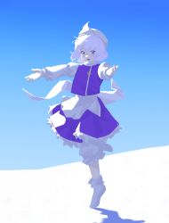 Rule 34 | 1girl, :d, absurdres, blue background, blue eyes, blue skirt, blue theme, blue vest, frilled skirt, frills, full body, gloves, hat, highres, letty whiterock, long sleeves, looking at viewer, open mouth, outstretched arms, plantar flexion, purple hair, roman komarov, shadow, shirt, short hair, skirt, smile, solo, standing, tiptoes, touhou, vest, white gloves, white hair, white hat, white shirt