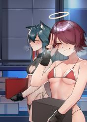 Rule 34 | 2girls, absurdres, animal ear fluff, animal ears, arknights, bare arms, bare shoulders, bikini, black bikini, black gloves, black hair, blush, box, breasts, carrying, cleavage cutout, closed eyes, closed mouth, clothing cutout, collarbone, commentary request, dun ji, embarrassed, exusiai (arknights), fingerless gloves, food, food in mouth, fur-trimmed bikini, fur trim, gloves, hair between eyes, hair over one eye, halo, highres, indoors, long hair, looking at viewer, medium breasts, mouth hold, multicolored hair, multiple girls, nose blush, orange eyes, pocky, red bikini, red hair, short hair, smile, steaming body, swimsuit, texas (arknights), two-tone hair, underboob, v-shaped eyebrows, very long hair, w, wolf ears