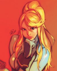 Rule 34 | 1girl, blonde hair, blue bodysuit, blue eyes, bodysuit, bracelet, breasts, commentary, english commentary, head rest, highres, jewelry, large breasts, lips, long hair, looking at viewer, making-of available, metroid, mole, mole under mouth, nintendo, orange background, ringed eyes, robaato, samus aran, sidelighting, skin tight, solo, swept bangs, upper body, zero suit