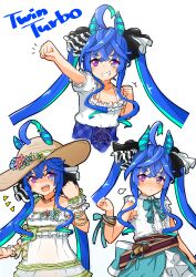 Rule 34 | 1girl, puff of air, @ @, absurdres, ahoge, amatuki0930, animal ears, arm up, bare shoulders, blue eyes, blue hair, blue skirt, bow, bowtie, center frills, character name, clenched hands, closed mouth, collared shirt, cosplay, crossed bangs, daiwa scarlet (umamusume), daiwa scarlet (umamusume) (cosplay), dress, ears through headwear, flat chest, frills, green dress, green skirt, grin, hair through headwear, hand up, hat, heterochromia, high-waist skirt, highres, horse ears, long hair, looking at viewer, mejiro dober (umamusume), mejiro dober (umamusume) (cosplay), mejiro mcqueen (ripple fairlady) (umamusume), mejiro mcqueen (umamusume), mejiro mcqueen (umamusume) (cosplay), notice lines, off-shoulder shirt, off shoulder, open mouth, outstretched arm, pink eyes, sharp teeth, shirt, short sleeves, simple background, skirt, sleeveless, sleeveless shirt, smile, sun hat, teeth, twin turbo (umamusume), twintails, umamusume, white background, wrist cuffs
