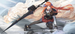 Rule 34 | 1girl, :d, absurdres, arknights, bagpipe (arknights), black footwear, black gloves, black legwear, blue eyes, commentary request, floating hair, gloves, highres, holding, holding lance, holding polearm, holding weapon, horns, ina (inadiary), jacket, lance, long hair, long sleeves, miniskirt, open mouth, orange hair, plaid, plaid skirt, polearm, red skirt, shoes, skirt, smile, solo, weapon