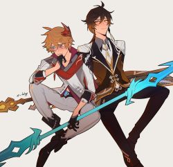 Rule 34 | 2boys, black gloves, black hair, blue eyes, brown hair, closed mouth, collar, collarbone, collared shirt, earrings, elbow on knee, falyy, formal, genshin impact, gloves, hair between eyes, hand on own chin, highres, holding, holding polearm, holding spear, holding weapon, jacket, jewelry, liquid weapon, long hair, long sleeves, male focus, mask, mask on head, midriff peek, multicolored hair, multiple boys, necktie, open mouth, orange hair, pants, polearm, ring, scarf, shirt, shoes, short hair, simple background, single earring, smile, spear, suit, tartaglia (genshin impact), tassel, tassel earrings, water, weapon, white background, yellow eyes, zhongli (genshin impact)