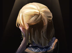 Rule 34 | 1girl, black background, blonde hair, brown jacket, commentary request, covering own eyes, crying, from behind, fuduki., half updo, highres, jacket, mizuhashi parsee, multicolored clothes, multicolored jacket, pointy ears, scarf, short hair, short ponytail, solo, tears, touhou, upper body, white scarf
