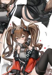 Rule 34 | +++, 1girl, absurdres, angelina (arknights), angelina (endfield) (arknights), animal ears, arknights, arknights: endfield, black shirt, black thighhighs, blush, bottomless, brown hair, fox ears, fox girl, fox tail, hair between eyes, heart, highres, implied sex, jacket, multiple views, nopetroto, off shoulder, open clothes, open jacket, red jacket, shirt, simple background, spread legs, tail, thighhighs, thighs, tongue, tongue out, twintails, unfinished, white background