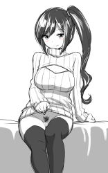 Rule 34 | 10s, 1girl, alternate costume, black thighhighs, blush, breasts, clothes lift, female pubic hair, greyscale, kaga (kancolle), kantai collection, large breasts, long hair, long sleeves, looking at viewer, meme attire, monochrome, naked sweater, no panties, open-chest sweater, pubic hair, pussy, side ponytail, simple background, smile, solo, spot color, sweater, sweater lift, thighhighs, turtleneck, uncensored, white background, zaxwu