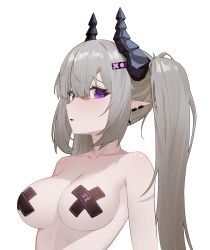 Rule 34 | 1girl, absurdres, breasts, cleavage, cross pasties, demon horns, ear piercing, grey hair, hair ornament, hairclip, heiyizhushenxia, highres, horns, large breasts, long hair, looking at viewer, nude, original, parted lips, pasties, piercing, pointy ears, purple eyes, sideways glance, simple background, solo, twintails, upper body, white background