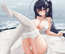 Rule 34 | 1girl, ahoge, azur lane, black hair, blush, breasts, dress, earrings, garter straps, hair between eyes, hair ornament, jewelry, large breasts, leaning back, leg up, long hair, looking at viewer, necklace, no shoes, ocean, official alternate costume, panties, pantyshot, parted lips, plunging neckline, red eyes, side ponytail, sitting, skindentation, solo, taihou (azur lane), taihou (temptation on the sea breeze) (azur lane), thighhighs, thighs, togare, underwear, very long hair, wedding dress, white dress, white panties, white thighhighs