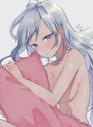 Rule 34 | 1girl, bad id, bad twitter id, blue eyes, blush, breasts, convenient censoring, highres, long hair, lying, medium breasts, navel, nude, on side, original, pillow, silver hair, simple background, solo, sweatdrop, swept bangs, uni (melm)