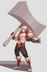 Rule 34 | 1boy, abs, asymmetrical gloves, bara, bare pectorals, black gloves, brown pants, bulge, crotchless, crotchless pants, elbow gloves, facial hair, full body, gloves, goatee, gyee, holding, holding mallet, holding weapon, huge weapon, jacket, large pectorals, male focus, mallet, muscular, muscular male, na insoo, navel, niko (na insoo), nipples, open clothes, open jacket, over shoulder, pants, pectorals, red eyes, red jacket, short hair, sleeveless, sleeveless jacket, solo, spiked hair, stomach, sunglasses, thick thighs, thighs, uneven gloves, weapon, weapon over shoulder, white hair