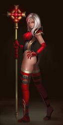 Rule 34 | 1girl, armor, ass, boots, dantewontdie, elbow gloves, full body, gloves, highleg, holding, holding weapon, leotard, long hair, looking at viewer, red eyes, red thighhighs, sally whitemane, shoulder armor, solo, staff, thigh boots, thighhighs, warcraft, weapon, white hair, world of warcraft