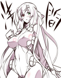 Rule 34 | 1girl, asama tomo, bare shoulders, blush, bodysuit, breasts, covered navel, covered erect nipples, green eyes, hair tubes, heterochromia, kyoukaisenjou no horizon, large breasts, long hair, monochrome, nanao (mahaya), partially colored, red eyes, solo, very long hair