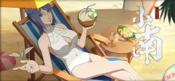 Rule 34 | 1girl, beach, bikini, breasts, chair, coconut, day, drink, fruit cup, konan (naruto), legs together, looking at viewer, medium breasts, naruto (series), official art, origami, outdoors, short hair, sitting, smile, solo, swimsuit, white bikini, yellow eyes