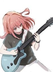 Rule 34 | 1girl, absurdres, black shirt, blush, bocchi the rock!, closed mouth, commentary request, cowboy shot, electric guitar, guitar, highres, instrument, kita ikuyo, long hair, music, playing instrument, red hair, shirt, simple background, solo, standing, t-shirt, ukitaryu, white background, yellow eyes