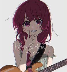 Rule 34 | 1girl, bass guitar, black bow, blush, bocchi the rock!, bow, braid, dated, dress, english text, green dress, grey background, grin, hair bow, happy birthday, highres, hiroi kikuri, instrument, long hair, looking at viewer, off shoulder, purple eyes, purple hair, single braid, smile, solo, to9 722