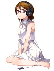 Rule 34 | 10s, 1girl, :o, bare shoulders, barefoot, blush, bow, bowtie, brown hair, cable, collar, digital media player, dress, frilled collar, frilled shirt collar, frills, full body, glasses, headphones, koizumi hanayo, looking at viewer, love live!, love live! school idol project, open mouth, purple eyes, red-framed eyewear, sennheiser, short hair, simple background, sitting, sleeveless, sleeveless dress, solo, torigoe takumi, v arms, wariza, white background, white dress