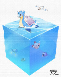 Rule 34 | absurdres, air bubble, artist name, bubble, chinchou, creatures (company), crossover, cube, dated, game freak, gen 1 pokemon, gen 2 pokemon, gen 3 pokemon, highres, kabuto (pokemon), kirby, kirby (series), lapras, nintendo, no humans, orlek, pokemon, pokemon (creature), shellder, simple background, water, white background, wingull