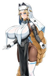 Rule 34 | 1girl, absurdres, blonde hair, blue eyes, braid, breasts, brown pantyhose, closed mouth, cross, cross necklace, cross tattoo, era (erasion), goddess of victory: nikke, highres, huge breasts, jewelry, long hair, necklace, nun, pantyhose, pelvic curtain, rapunzel (nikke), robe, simple background, smile, solo, thighhighs, veil, very long hair, white background, white robe, white thighhighs
