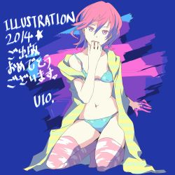 Rule 34 | 1girl, 2014, aqua bikini, artist name, bikini, blue background, collarbone, commentary request, finger in own mouth, hair between eyes, highres, kneeling, looking at viewer, navel, no shoes, open clothes, open mouth, open robe, original, paint on fingers, paint splatter, pink hair, pink thighhighs, robe, short hair, solo, striped, swimsuit, teeth, thighhighs, upper teeth only, yoshito