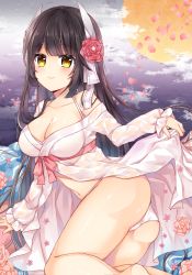Rule 34 | 1girl, arm support, ass, azur lane, bad id, bad pixiv id, bare legs, bare shoulders, barefoot, blush, breasts, brown eyes, brown hair, cleavage, closed mouth, cloud, collarbone, commentary request, feet out of frame, fingernails, flower, full moon, hair flower, hair ornament, hiei (azur lane), hiei (moonlit cruise) (azur lane), japanese clothes, kimono, large breasts, long hair, long sleeves, moon, navel, open clothes, open kimono, panties, petals, puffy long sleeves, puffy sleeves, red flower, shikino (sikinonono), sleeves past wrists, smile, solo, underwear, very long hair, white kimono, white panties