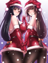 Rule 34 | 10s, 2girls, :o, amagami, ass, back, bare shoulders, belt, black hair, black legwear, blunt bangs, blurry, blush, bow, breasts, brown eyes, brown hair, chestnut mouth, christmas, commentary request, cowboy shot, crossover, dress, eyelashes, fingerless gloves, fingernails, from behind, gloves, gradient background, green eyes, hair bow, hat, highres, holding, holding hands, huge breasts, interlocked fingers, kamizaki makoto, kamizaki risa, long hair, looking at viewer, looking back, low-tied long hair, matching outfits, microdress, multiple girls, orange bow, pantyhose, parted lips, purple background, red dress, red gloves, red hat, santa costume, santa hat, seiren, shiny clothes, shouji nigou, siblings, sisters, small breasts, snowing, thighband pantyhose, very long hair, yellow eyes